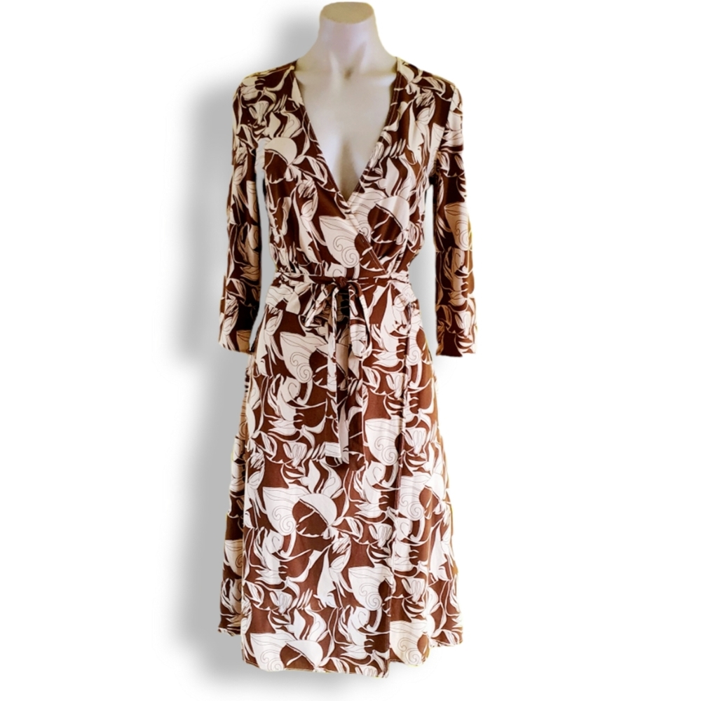 Vintage Y2k, Small, Decjuba, brown + cream, long-sleeve, knee length, wrap dress - Picture 1 of 7